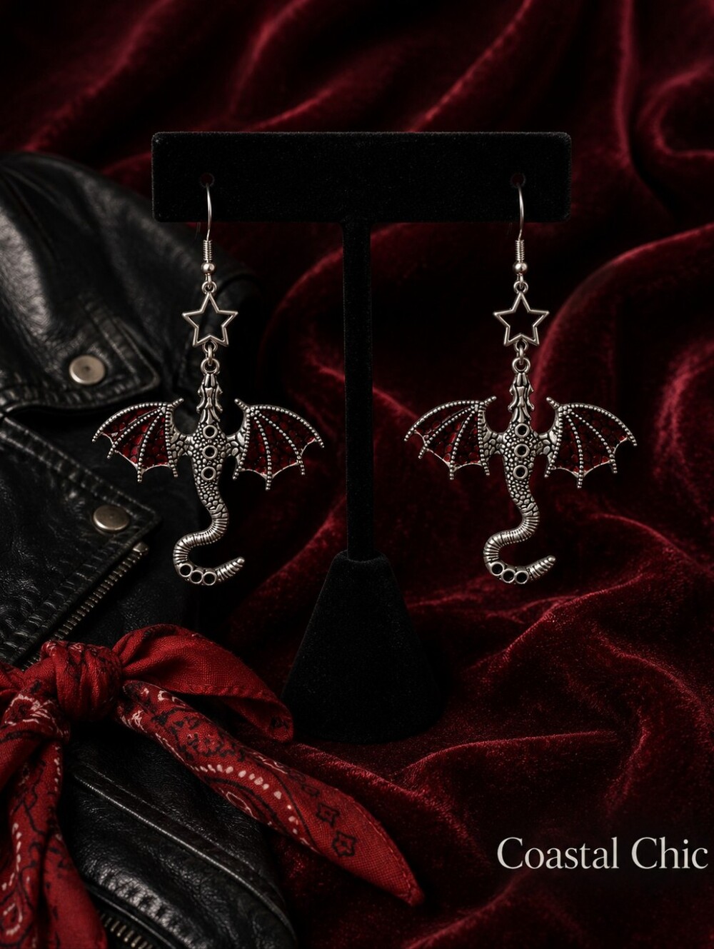 Silver Dragon Wing Earrings in Red